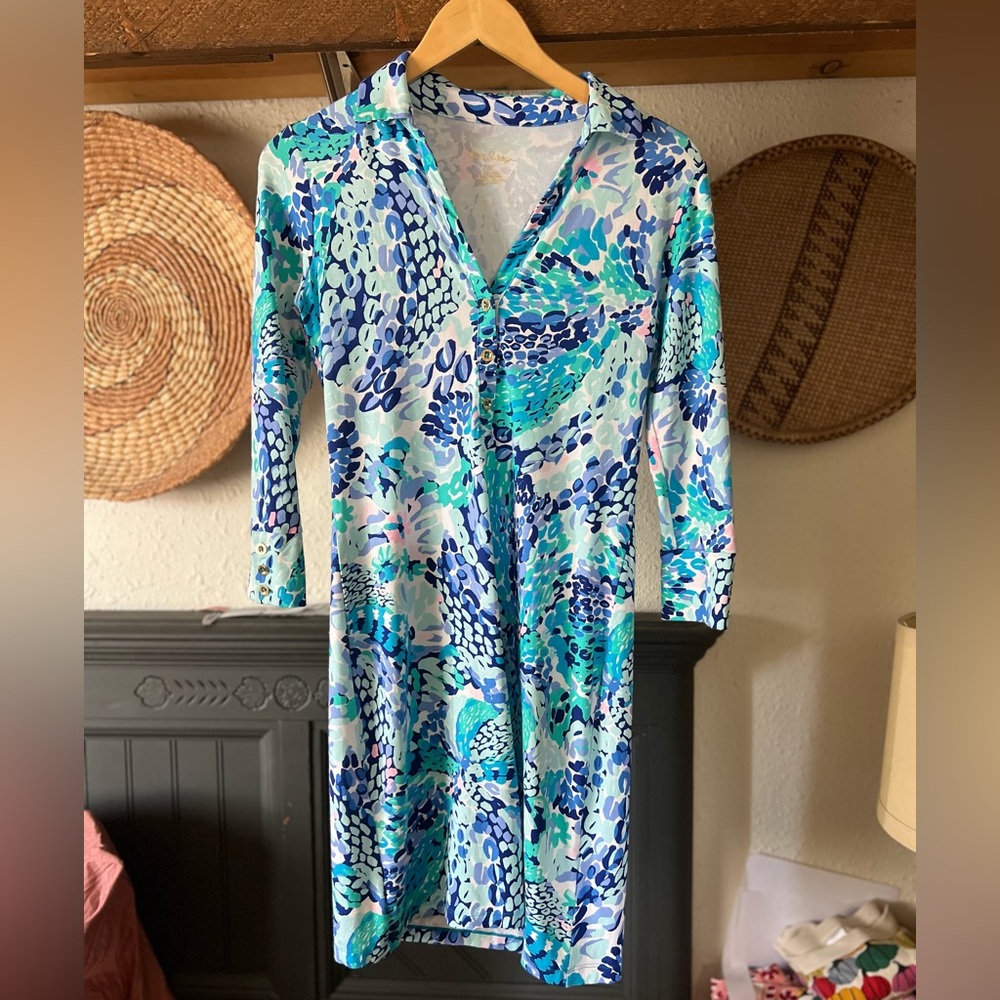 Lilly Pulitzer Ansley turquiose Oasis Polo Dress UPF 50 Wave After Wave sz xs